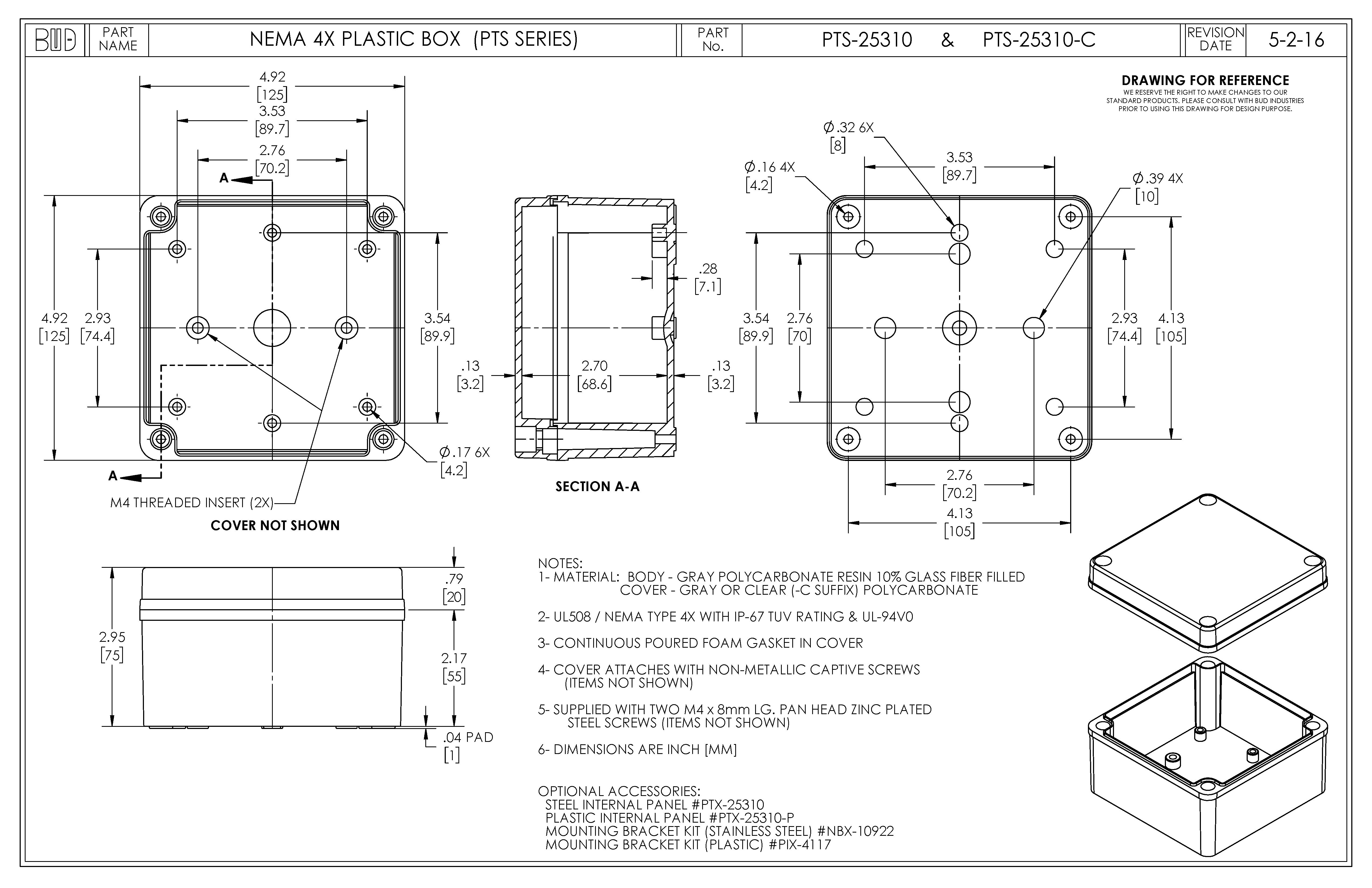 Fiberglass Box with Clear Cover PTS-25310-C - Bud Industries