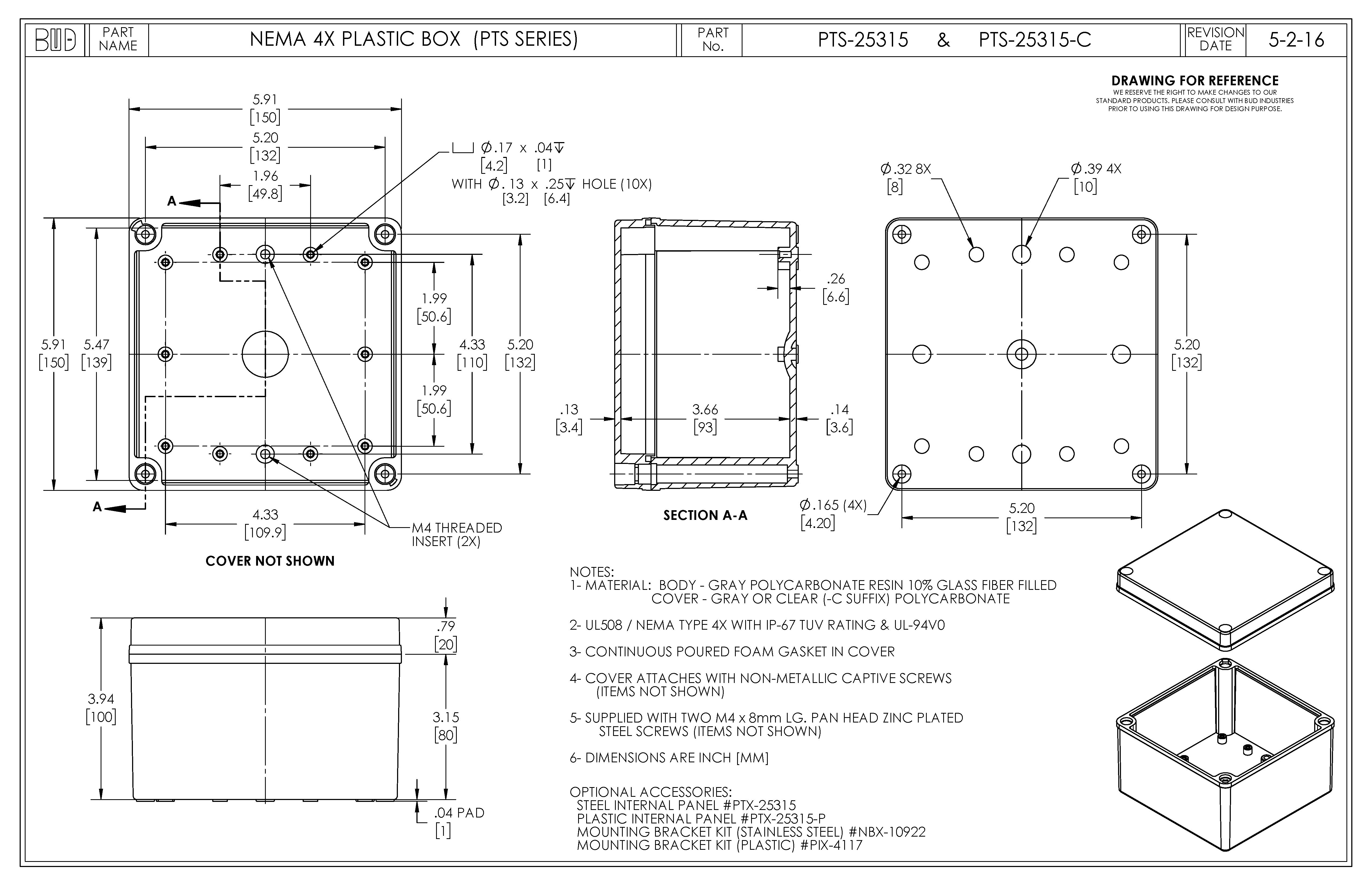 Fiberglass Box with Clear Cover PTS-25315-C - Bud Industries