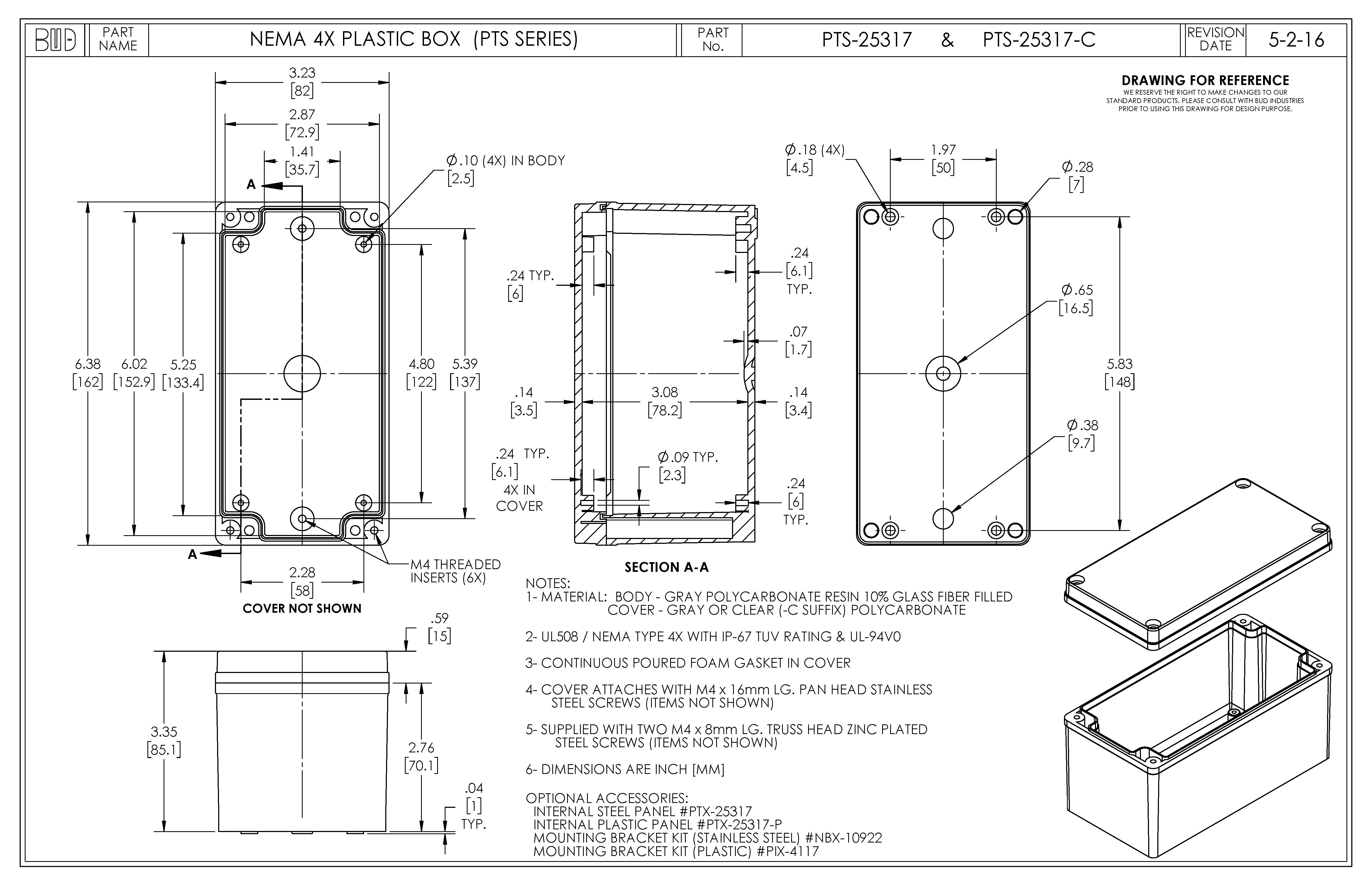 Fiberglass Box with Clear Cover PTS-25317-C - Bud Industries