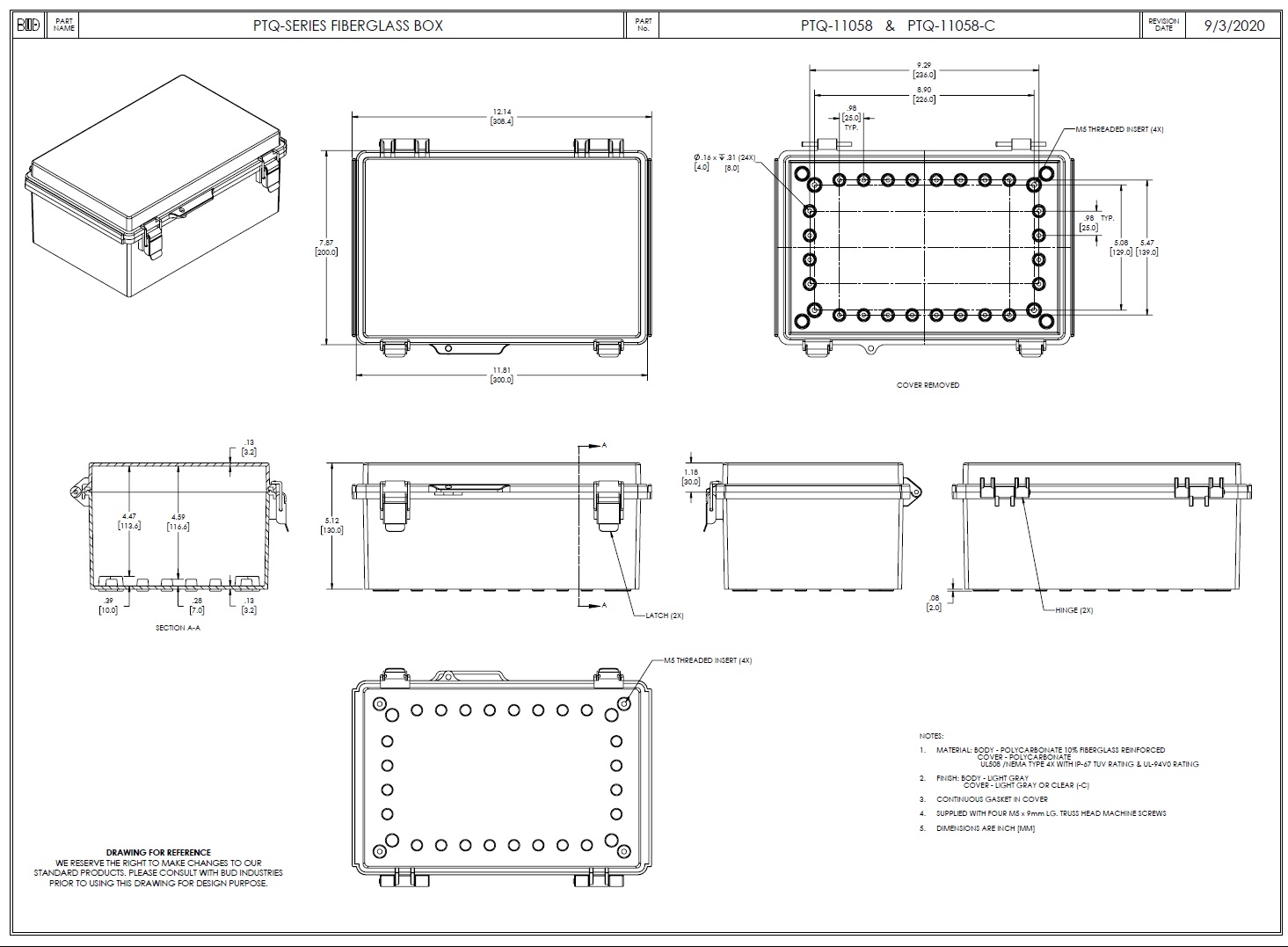 Bud Industries PTQ-11080-C IP67, NEMA 4X, PCB Box, Polycarbonate, 254.5 mm,  630 mm, 530 mm, IP67 - www.